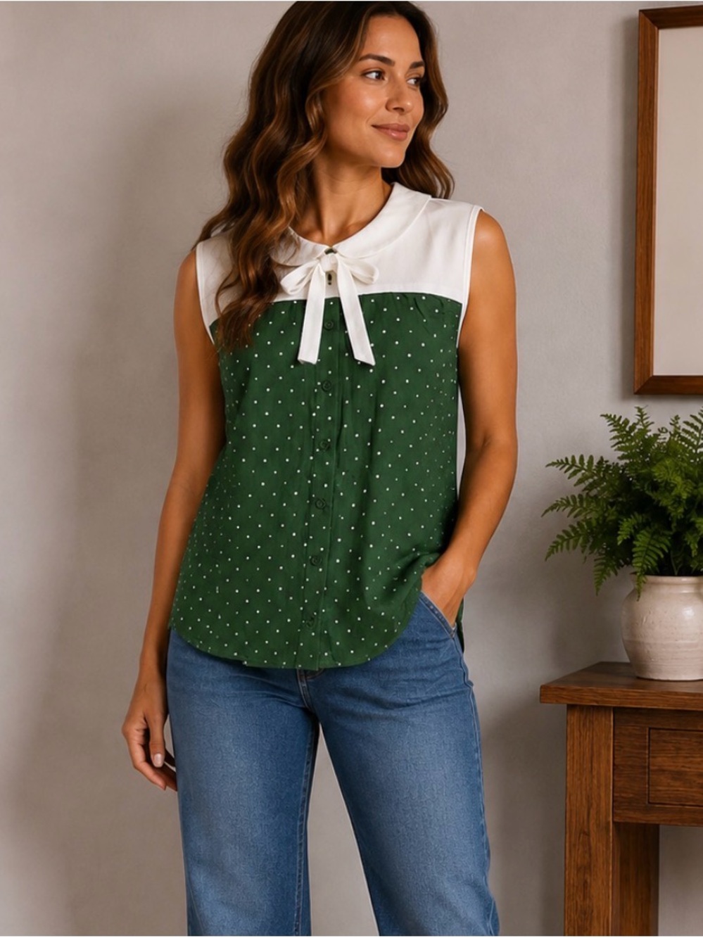 Green & White Polka Dot Sleeveless Bow-Accent Top